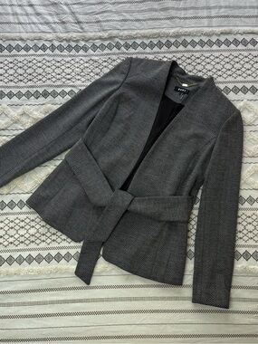 DKNY Black and Gray Herringbone Belted Blazer